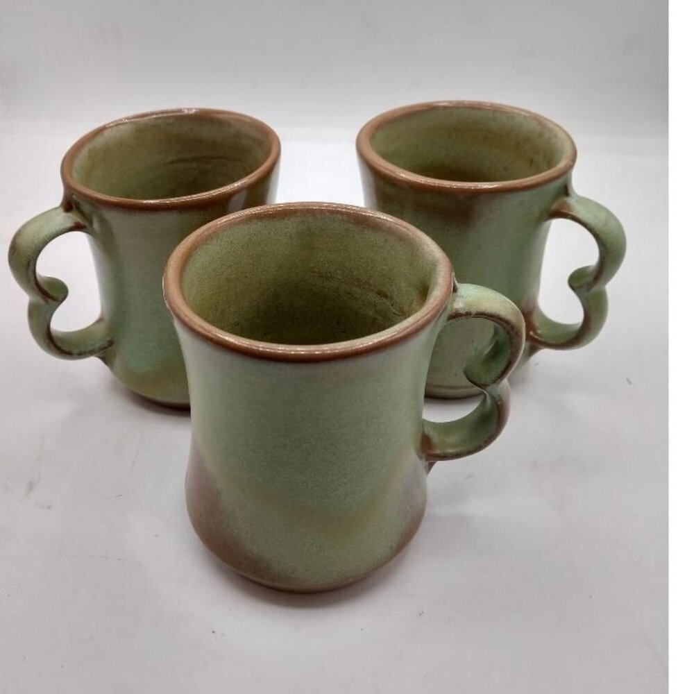 Vintage Frankoma Pottery Green & Brown Coffee Mugs Set Of 3 Handcrafted